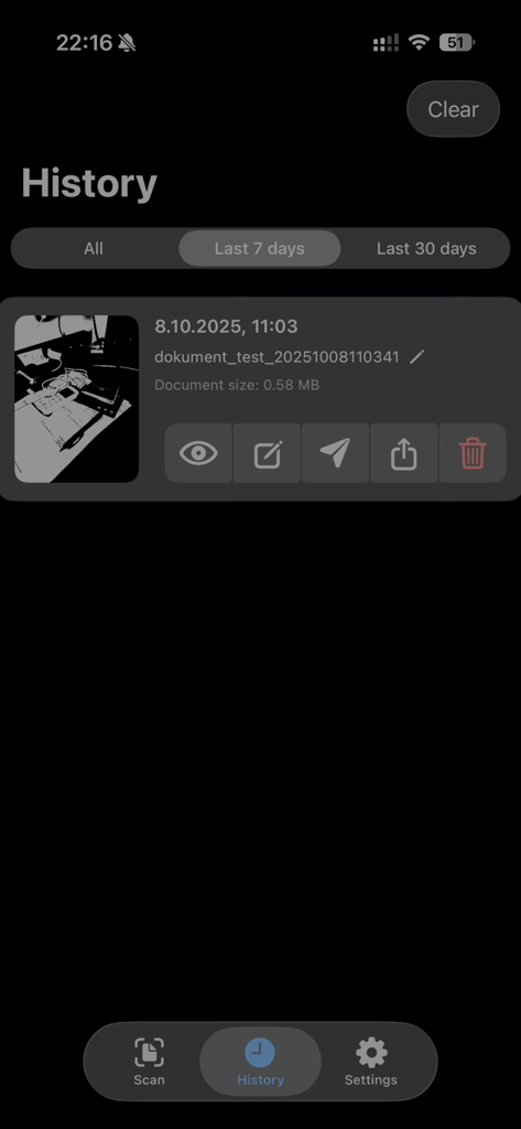 Quick Scan And Share - History screen in Quick Scan And Share app showing a list of scanned documents with thumbnails and management options.
