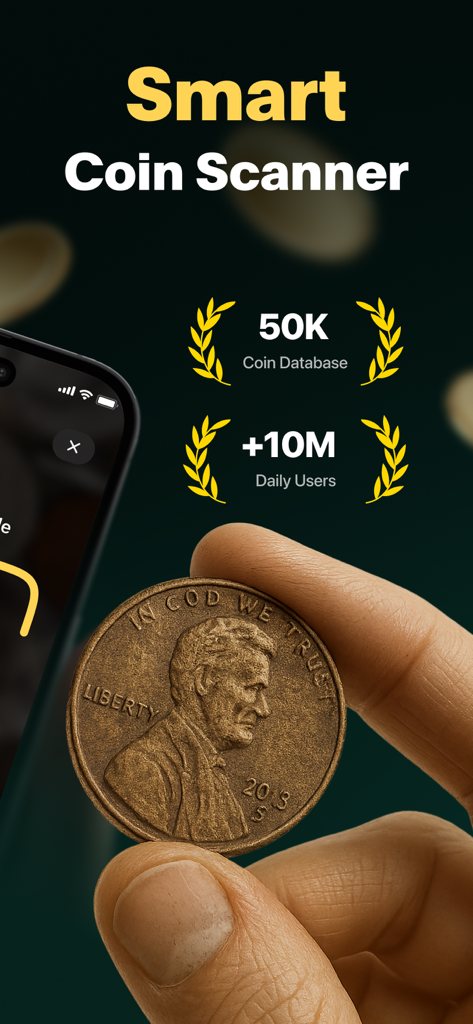 Coin ID Scan: Value Identifier - A hand holding a US penny being identified by the Smart Coin Scanner app interface