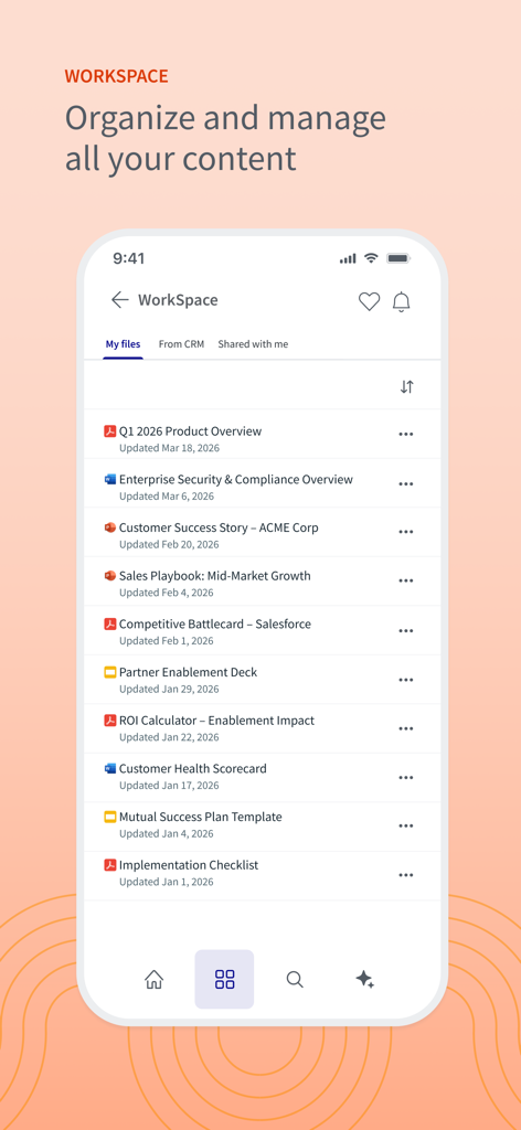 Seismic app interface showing a list of organized sales and marketing documents in the WorkSpace section