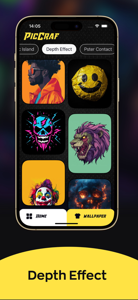 LiveArt- AI Wallpaper - User interface of PicCraft app featuring various AI-generated depth effect wallpapers for iPhone