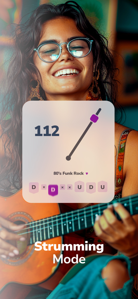 Metronome Beats : Drum Loops - A woman playing acoustic guitar with the metronome app displaying a strumming pattern