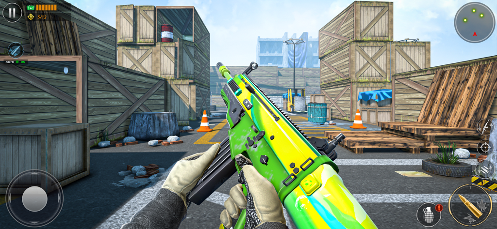 Sniper 3d: Gun Shooting Game - First person shooter gameplay showing a neon green assault rifle in a warehouse training field