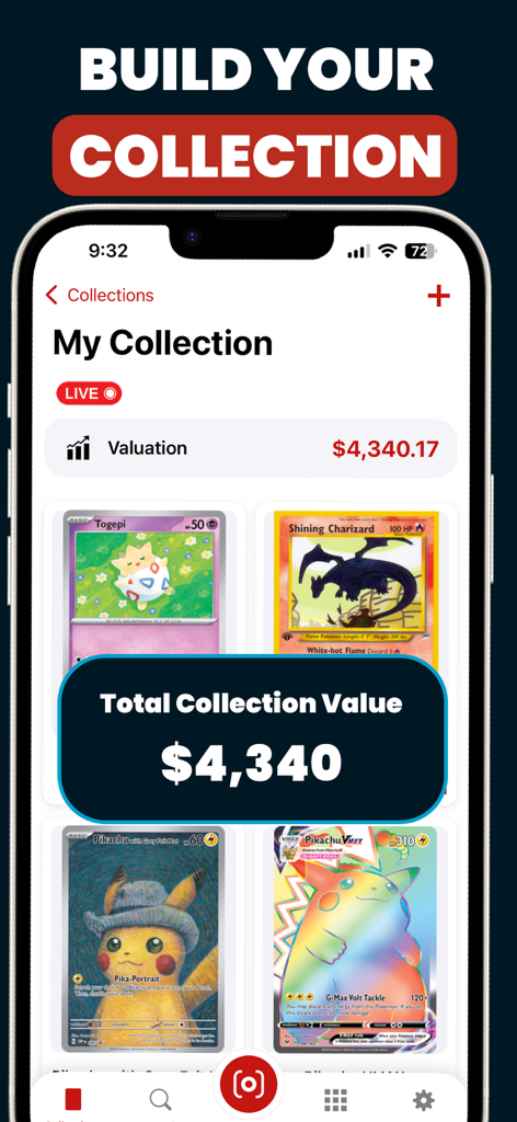 Une interface d'application mobile montrant une collection de cartes Pokémon avec une valorisation totale de 4340 dollars