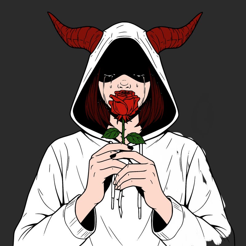 holding wilted rose in both hands no pupil in eyes 
teenage girl hood covering her eyes and crying horns on her head