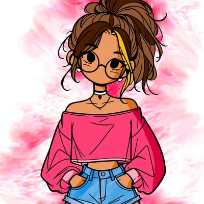 girl with a messy ponytail glasses a baggy crop top and jean shorts