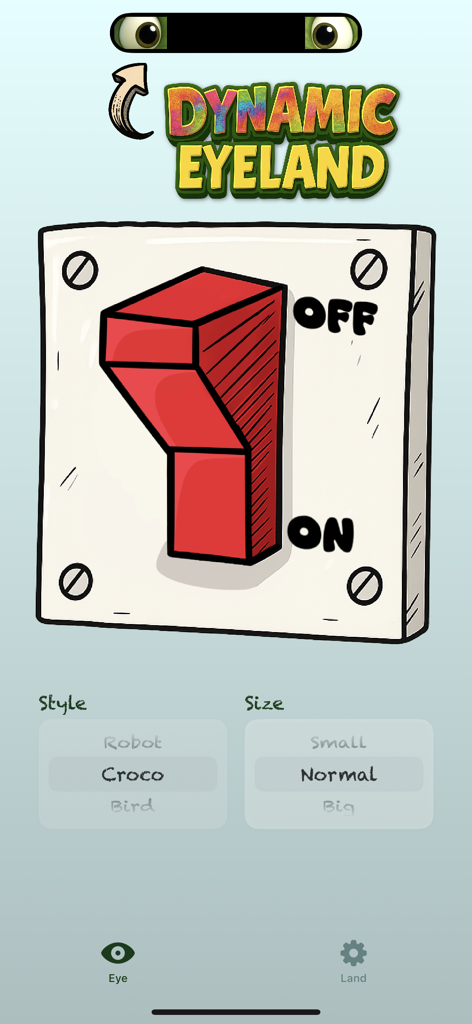 Interfaz de la aplicación Eyeland con un gran interruptor rojo de encendido y apagado y configuraciones de estilo de ojos