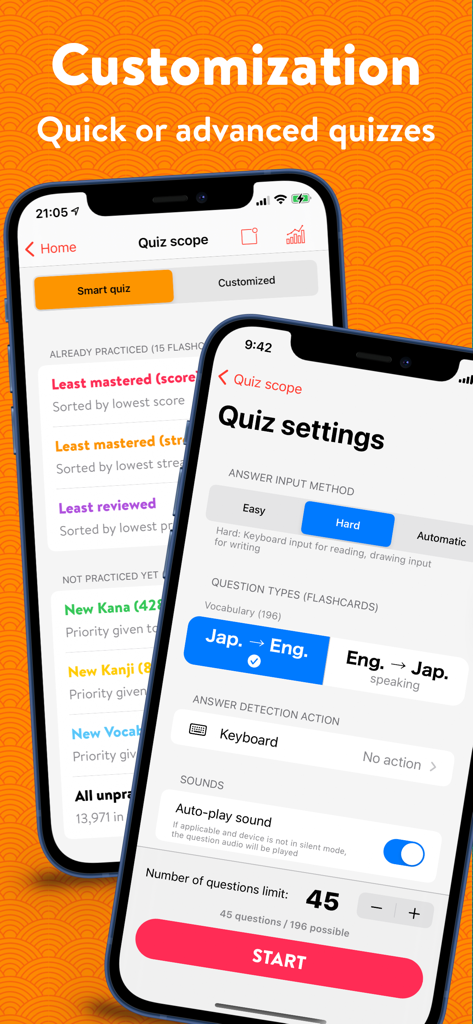 Learn Japanese Kanji: Benkyō - Advanced quiz customization and settings interface in the Benkyo Japanese learning app showing options for answer methods and question types.