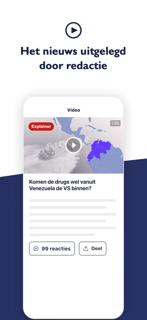 NU.nl - Interfaz de la aplicación NU.nl que presenta un video explicativo de noticias con titulares holandeses y una sección de comentarios.