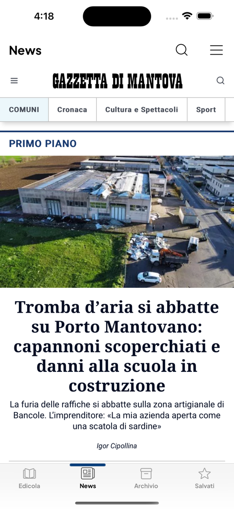 Porto Mantovanoに関する見出しを特集したLa Gazzetta di Mantovaアプリのニュースセクションのスクリーンショット