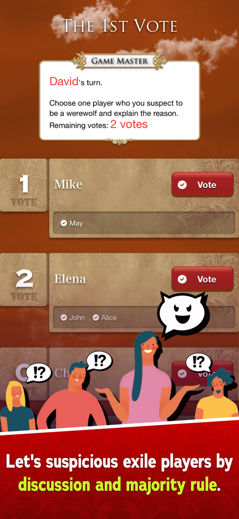 Werewolf "Nightmare in Prison" - La interfaz de la fase de votación en la aplicación móvil "Hombre Lobo Pesadilla en la Prisión" mostrando nombres de jugadores y botones de votación.