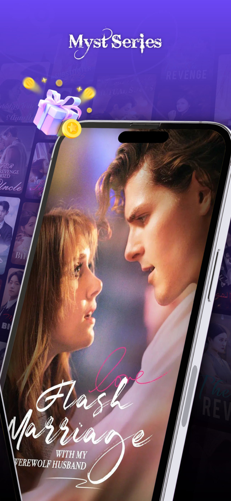 Myst Series-make a drama wish - Écran de smartphone montrant l'application Myst Series présentant un drama romantique intitulé Flash Marriage With My Werewolf Husband.