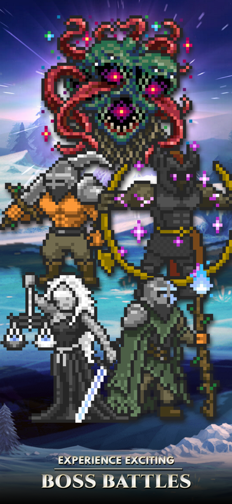 Orna: A Fantasy RPG & MMO game - Pixelart-Charaktere und ein großer tentakelbewehrter Boss-Gegner im Orna RPG