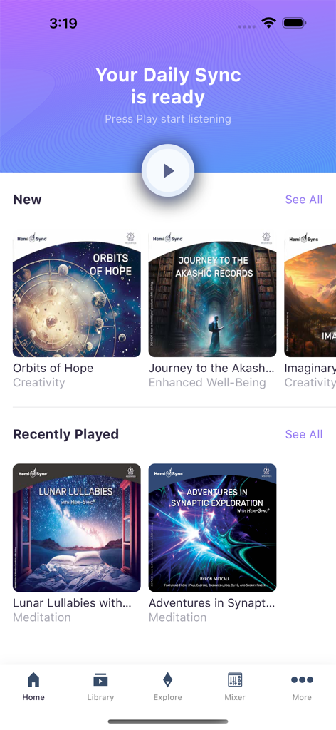 Pantalla de inicio de la aplicación Hemi-Sync Flow mostrando pistas de audio recomendadas para meditación y enfoque.