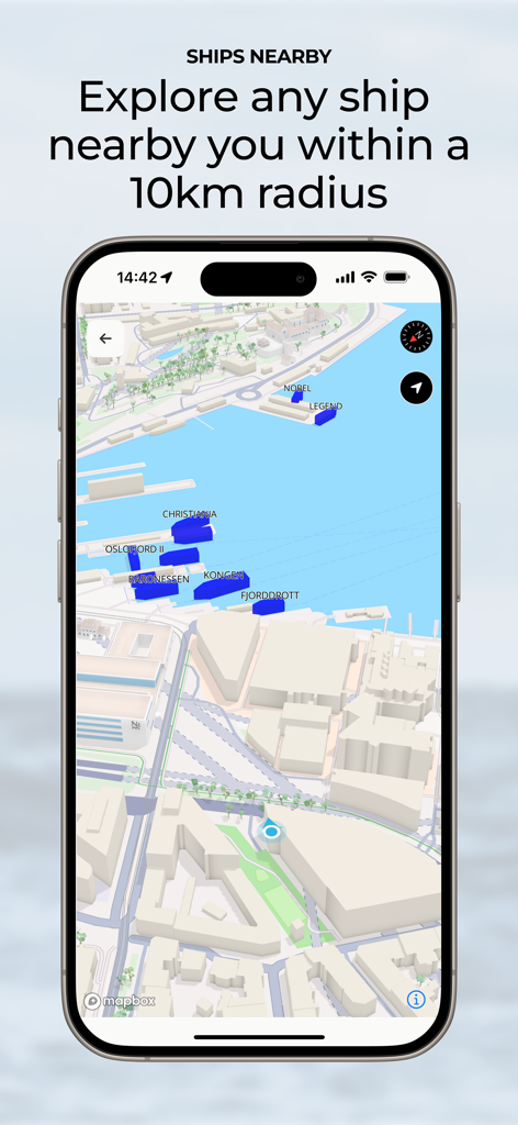 Interfaccia dell'app ShipAtlas che mostra una mappa delle navi nelle vicinanze entro un raggio di 10 km