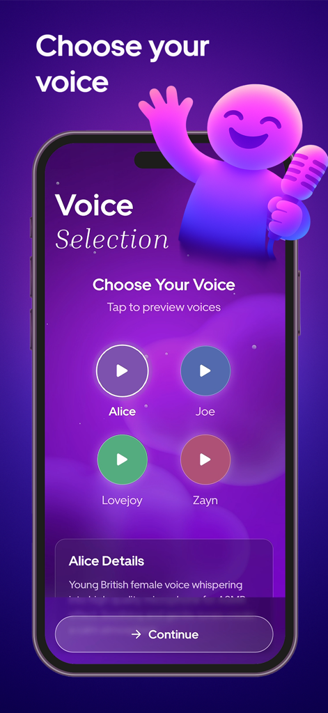 AISMR app interface for choosing from different AI voices for personal audio sessions.