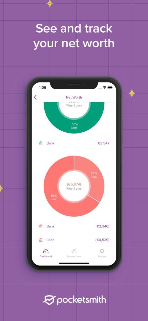 PocketSmith Sidekick - PocketSmith Sidekick mobile app screen showing net worth tracking with asset and liability charts