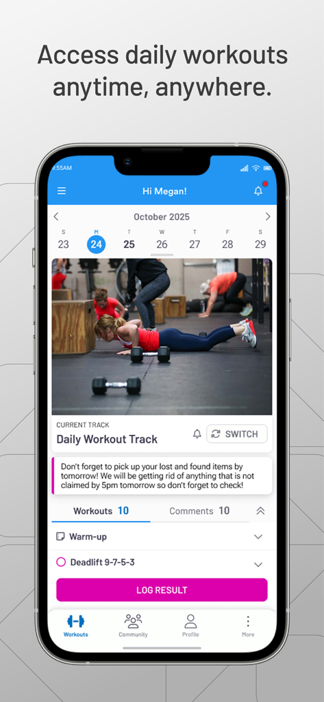 SugarWOD - SugarWOD mobile app screen showing a daily workout track calendar and log result button.