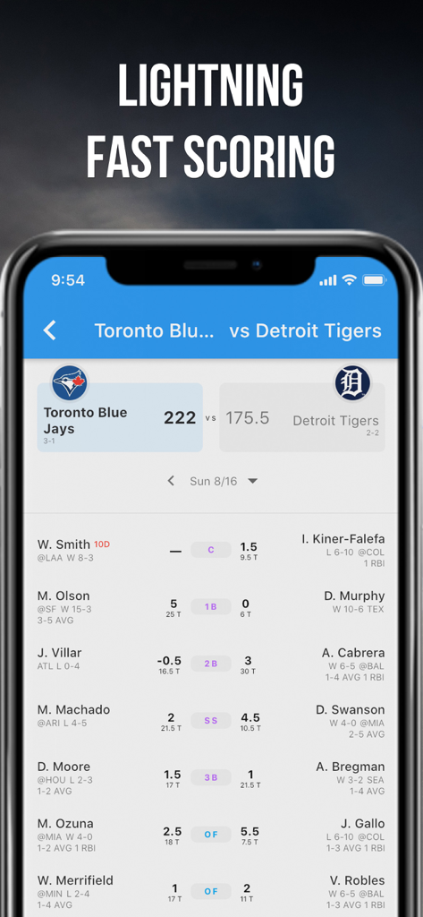 Fleaflicker app screen showing a fantasy baseball matchup with live scoring