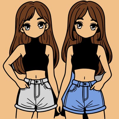 two sisters with crop tops and jean shorts and straight hair