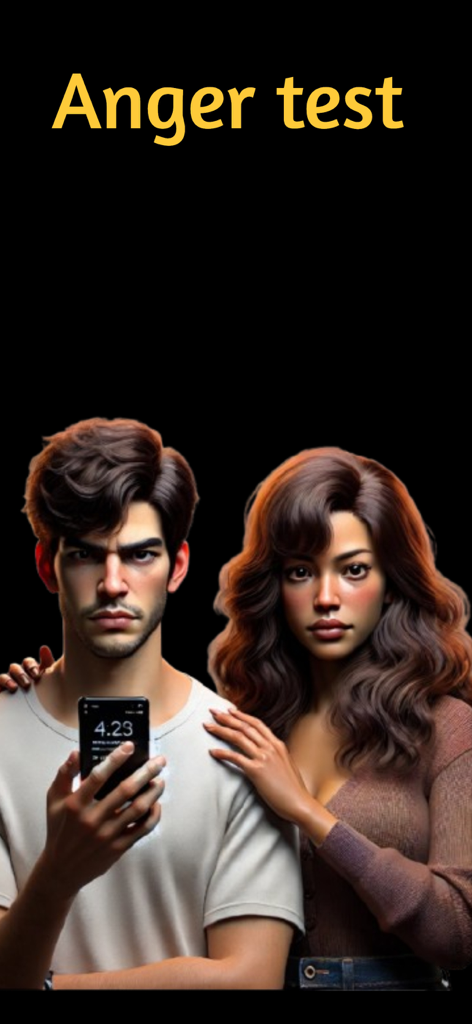 A serious man and woman pictured under the yellow text Anger test