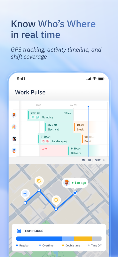 ShiftFlow app interface showing a real time GPS map and work pulse timeline to track employee locations and shifts