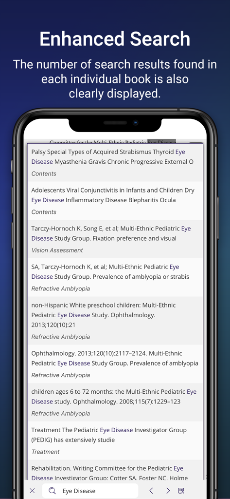 AAO eBooks - AAO eBooks app displaying the enhanced search feature with a list of results for eye disease from various medical textbooks.