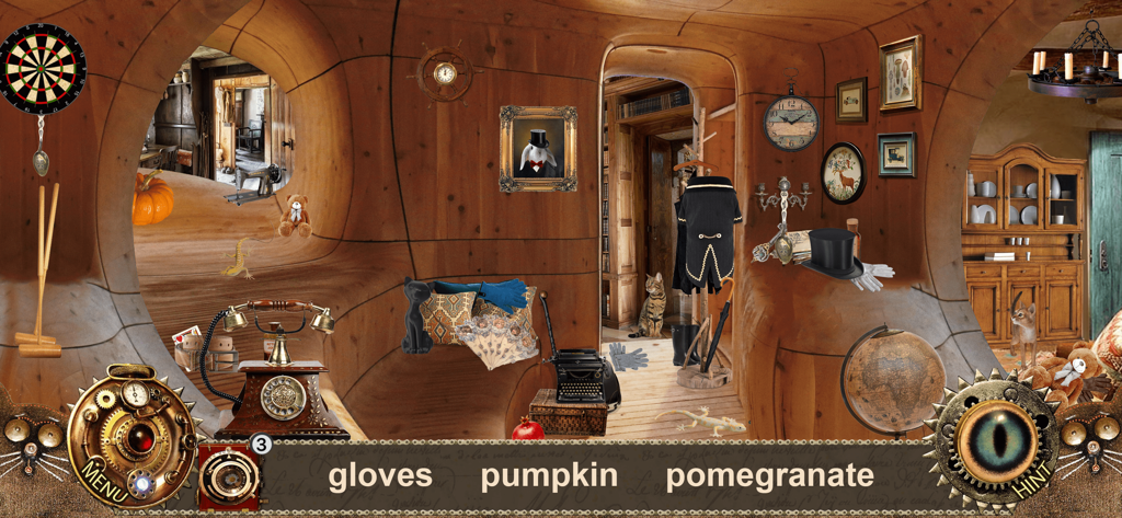 Eine Wimmelbildspielszene in einem skurrilen Holzzimmer mit verschiedenen zu findenden Gegenständen