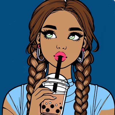 realistic girl with braided hair drinking boba