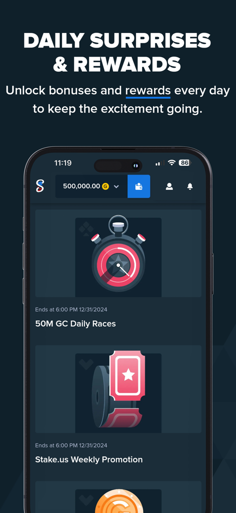 A mobile app screenshot of Stake US showing the daily surprises and rewards page with promotions like GC Daily Races and weekly bonuses.