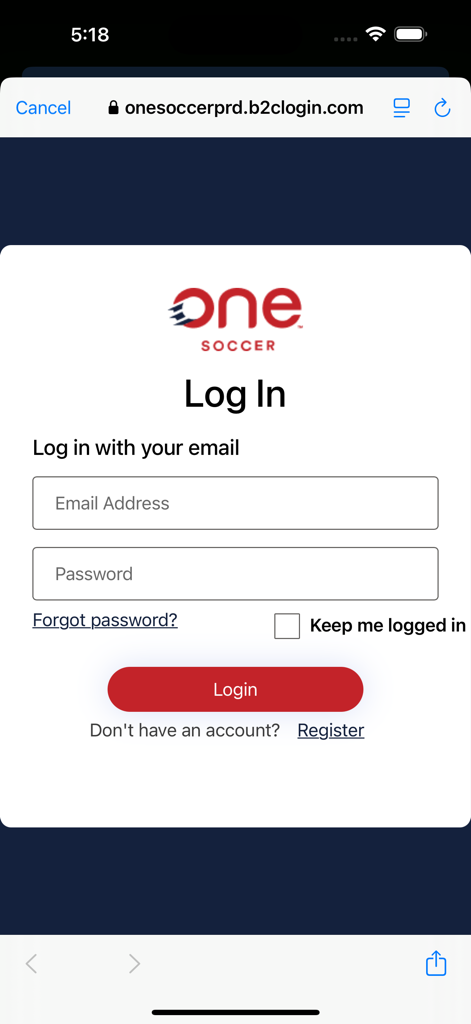 Página de inicio de sesión de la aplicación OneSoccer con campos para correo electrónico y contraseña y un botón de inicio de sesión rojo.