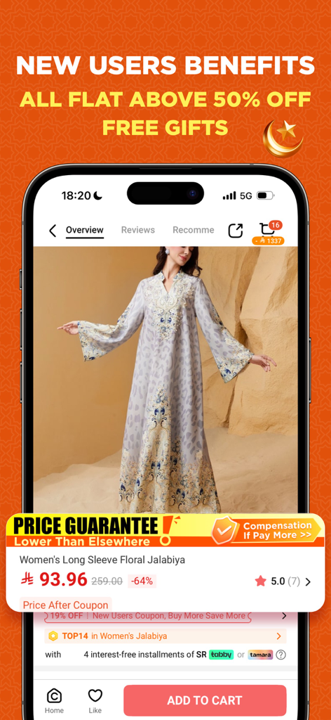 Chicpoint - Fashion shopping - Captura de pantalla de la aplicación ChicPoint que muestra una jalabiya floral para mujer con ofertas promocionales para nuevos usuarios