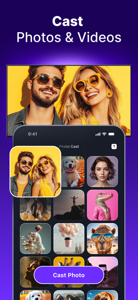 TV Remote Pro & Screen Mirror - Smartphone app displaying a photo gallery with a button to cast images onto a television screen.