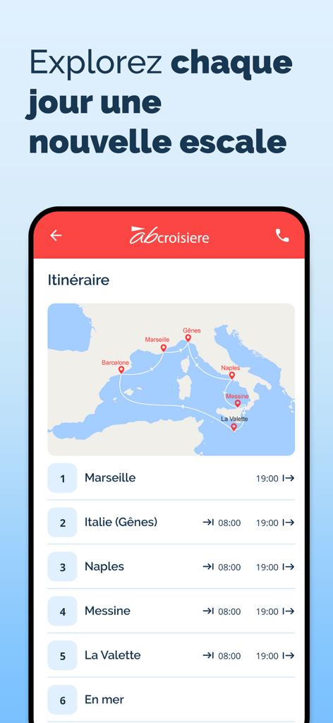 Abcroisiere - Pantalla de la aplicación móvil mostrando un itinerario de crucero por el Mediterráneo con un mapa y paradas diarias en ciudades como Marsella y Nápoles.