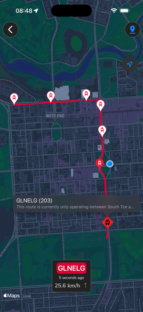 Adelaide Metro: Should I Run? - Real-time map view of the Glenelg tram route and vehicle tracking in the Adelaide Metro Should I Run app