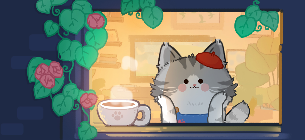 Purrrfect Spa - ASMR Cat Game - Um gato de desenho animado fofo usando um boina vermelha sentado em uma janela ao lado de uma caneca fumegante com uma marca de pata