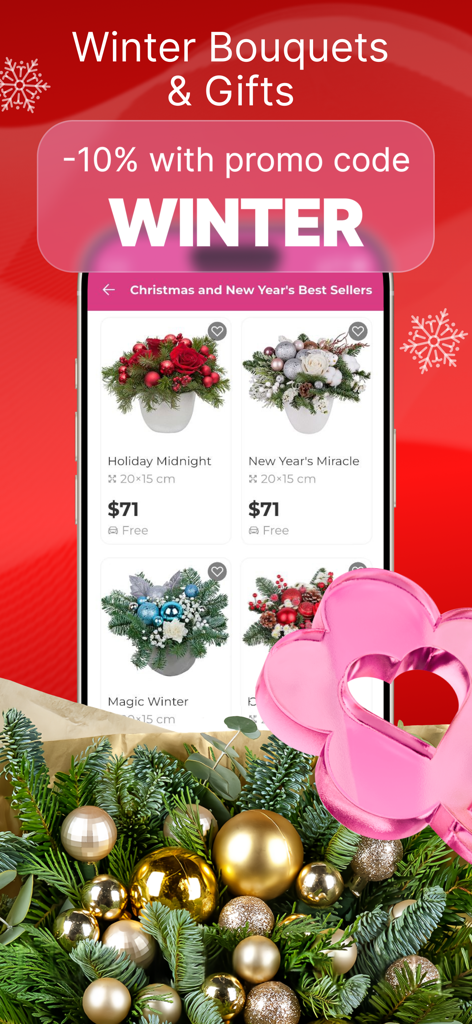Worldwide Flowers: Flower Shop - Worldwide Flowers mobile app interface featuring holiday arrangements and a winter discount promo code.