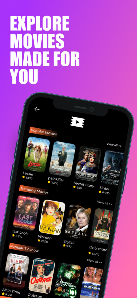 HITV PRO mobile app interface showing categories for popular and trending movies with posters and ratings.