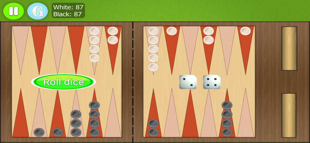 A digital backgammon game board showing white and black checkers with dice results and a roll dice button