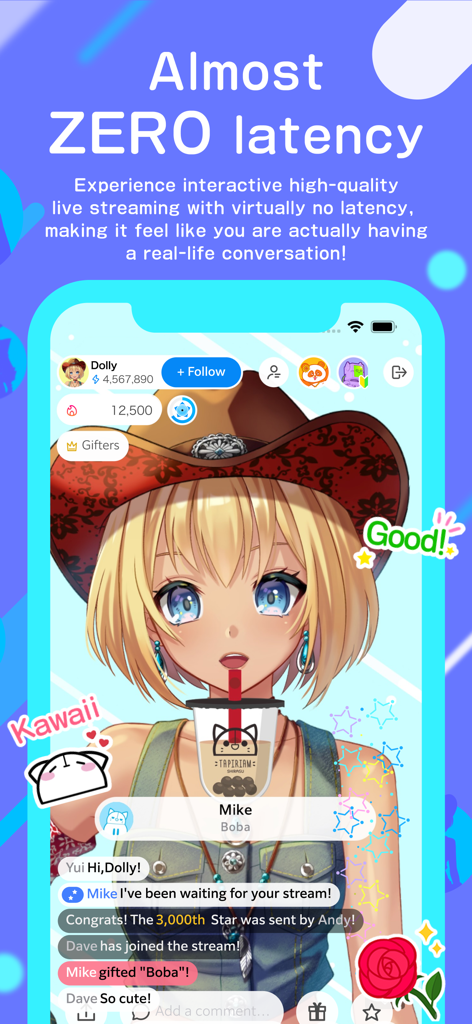 Interface of IRIAM app showing a live Vtuber stream with zero latency chat and virtual gifts