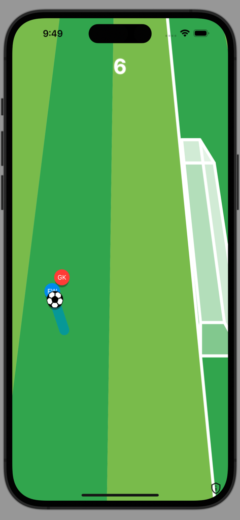 Striker!! - Minimalist mobile soccer game screen with symbolic players and a goal