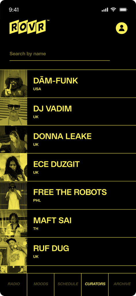 ROVR - Radio Reinvented - A mobile app screen displaying a list of human music curators with names like Dam-Funk and DJ Vadim under a minimalist yellow and black interface.