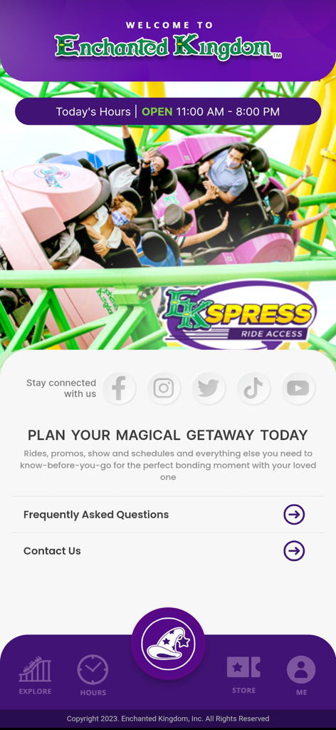 Enchanted Kingdom - Home screen of the Enchanted Kingdom app featuring park hours and a roller coaster ride.
