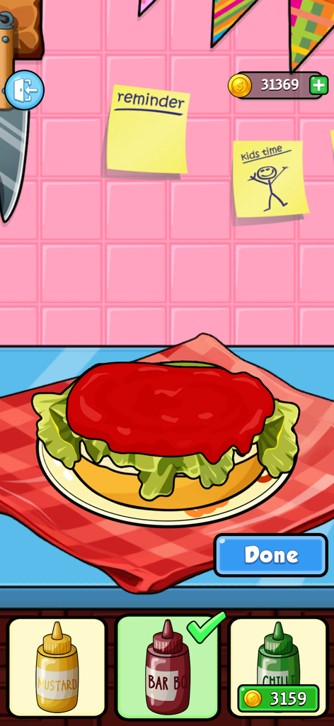 A burger with lettuce and red sauce being customized with BBQ sauce in a kids cooking game