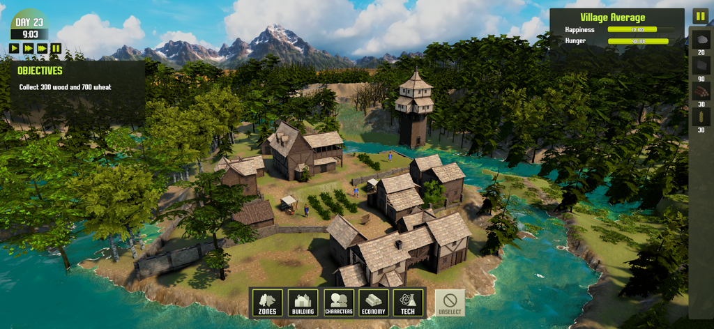 Medieval Lords - Eine mittelalterliche Dorfsimulation, die Häuser, einen Wachturm und einen Fluss im Spiel Medieval Lords zeigt