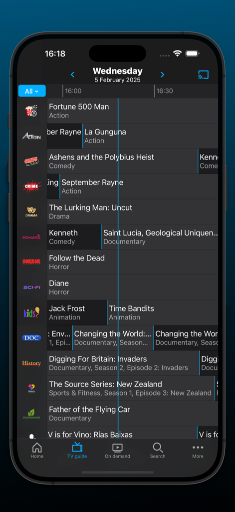 Interfaz de la aplicación Rapido TV mostrando una guía de programas de televisión en vivo con programas programados y categorías de canales.