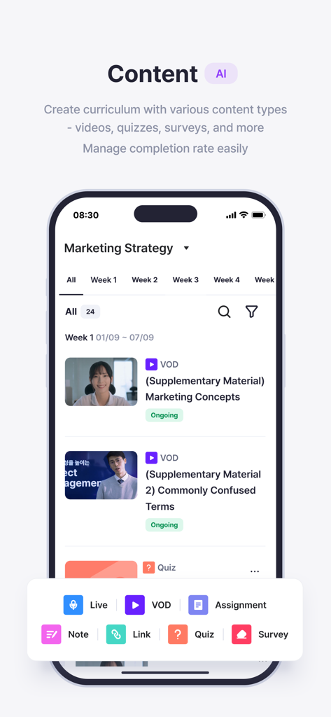 ビデオ講義と課題を含むコースカリキュラム管理を示すCLASSUMアプリのインターフェース