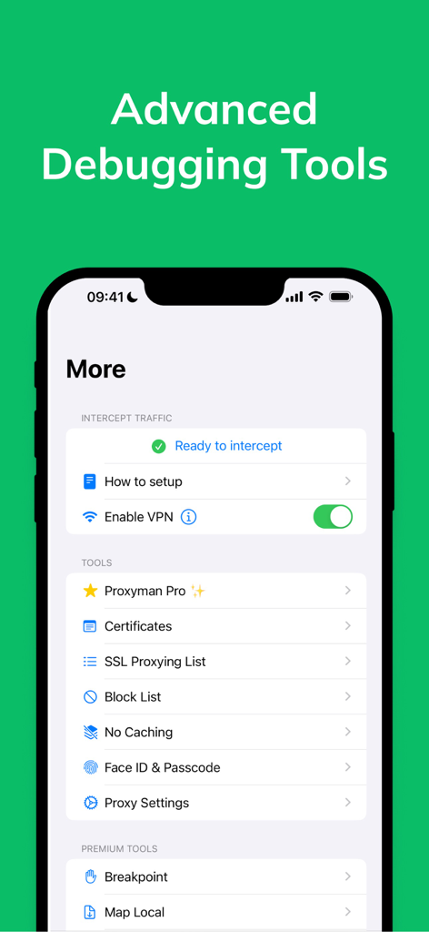 Proxyman - Capture HTTPS - Proxyman iOS 앱 인터페이스에 VPN 가로채기 및 SSL 프록시, 로컬 매핑과 같은 고급 디버깅 도구 메뉴 표시