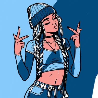 realistic teenage girl with braids and a beanie and crop top doing 🫶🏼