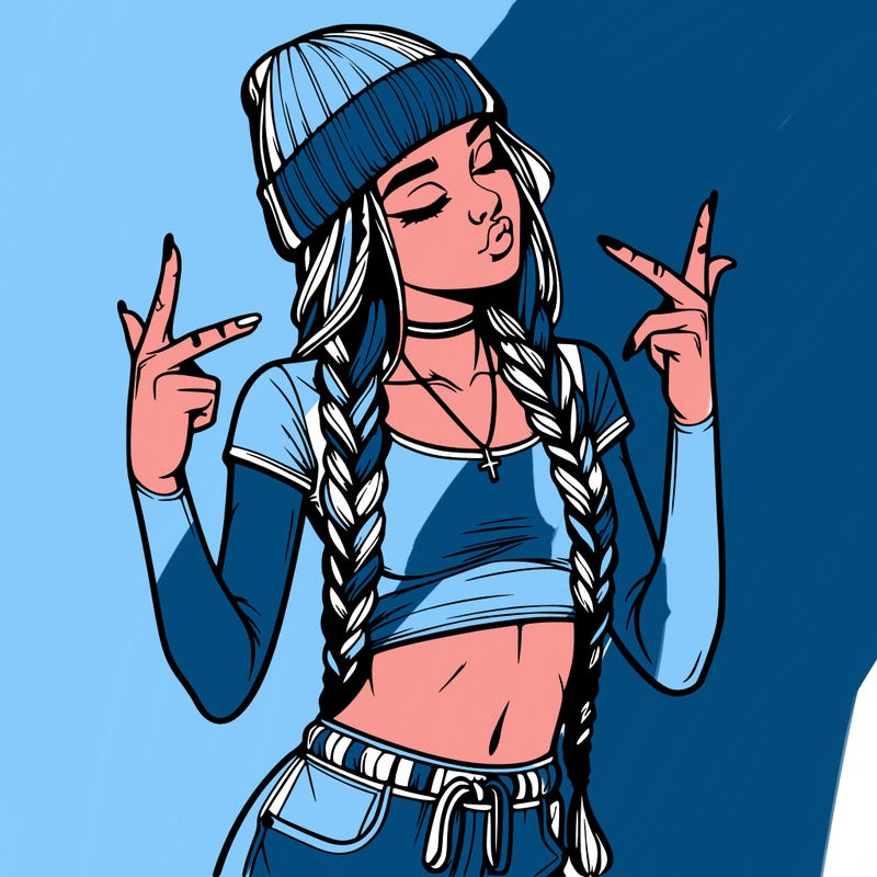 realistic teenage girl with braids and a beanie and crop top doing 🫶🏼