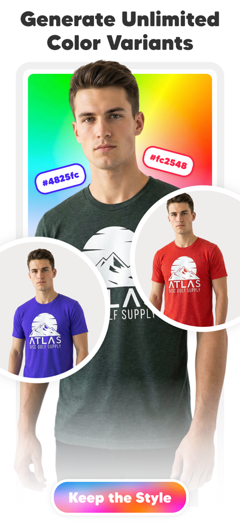 AI Fashion Model Maker: Diress - A male model shown in three different t-shirt color options generated by AI using hex codes